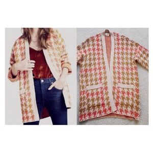 Anthropologie Edith Houndstooth ORANGE TAN Cardigan Sweater Size Small Pockets